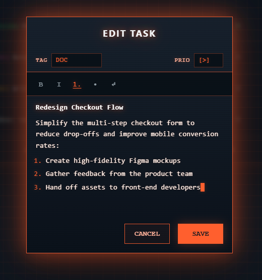 Edit Task dialog with tag DOC, priority, rich-text toolbar, and numbered substeps