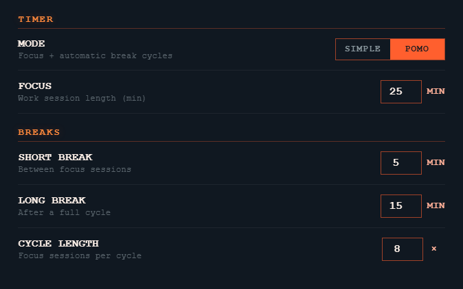 Timer settings: Simple and Pomodoro modes, focus 25 min, short break 5, long break 15, cycle length 8